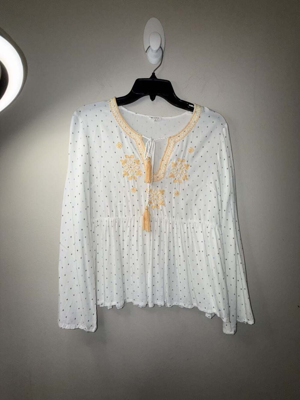 En Crème Women's Long Sleeve Smock Top with Peach Embroidery and Tassel Detail